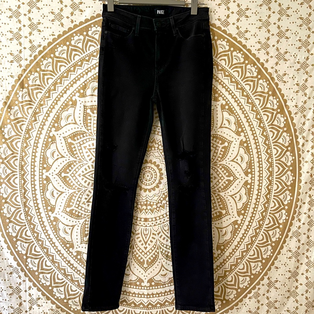✨HP✨  “PAIGE” LADIES BLACK ZIP & BUTTON-UP HOXTON CROP RIPPED JEANS, SIZE 27